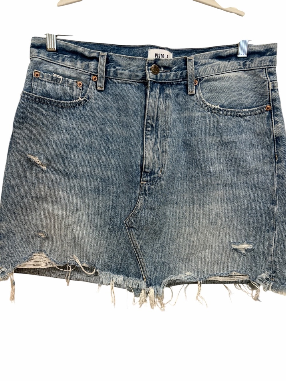 Pistola raw hem light distressed denim jean mini skirt size 32